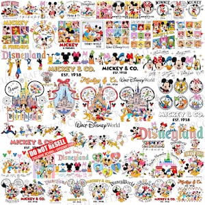 Puede incluir: Una colección de diseños temáticos de Disney con Mickey Mouse, Minnie Mouse, Donald Duck y otros personajes. Los diseños incluyen los logotipos de Disneyland y Walt Disney World, junto con texto como "Friends" y "Birthday."
