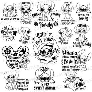 May include: A selection of black and white Stitch character designs with various quotes. Designs include phrases like "Ohana means family," "Stay Weird," and "Little but Loud." The images feature the cartoon character in different poses.