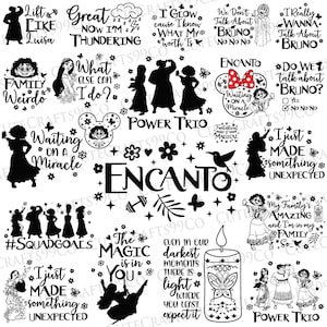 Puede incluir: Una colección de diseños gráficos en blanco y negro con citas y personajes de la película "Encanto". Los diseños incluyen frases como "Waiting on a Miracle" y siluetas de personajes, ideales para manualidades.
