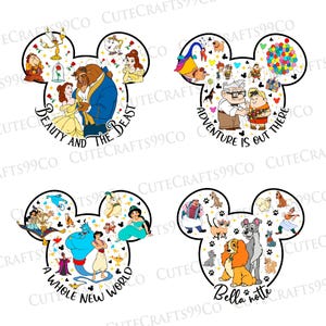 May include: Four Mickey Mouse head-shaped designs featuring Disney characters. One design shows Beauty and the Beast, another has characters from the movie Up, a third features Aladdin, and the last one shows Lady and the Tramp. Each design has text.