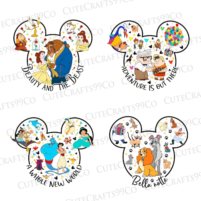 May include: Four Mickey Mouse head-shaped designs featuring Disney characters. One design shows Beauty and the Beast, another has characters from the movie Up, a third features Aladdin, and the last one shows Lady and the Tramp. Each design has text.