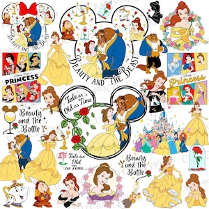 Puede incluir: Una colección de gráficos con el tema de La Bella y la Bestia. Incluye a Bella con un vestido amarillo, la Bestia y otros personajes. La frase "Beauty and the Beast" está escrita en forma de cabeza de Mickey Mouse. Otros gráficos incluyen rosas y la frase "Tale as Old as Time."