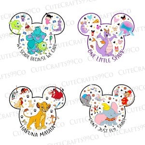 May include: Four Mickey Mouse-shaped designs featuring characters from Disney movies. Each design includes characters and text: "We Scare Because We Care", "One Little Spark", "Hakuna Matata", and "Don't Just Fly, Soar!"