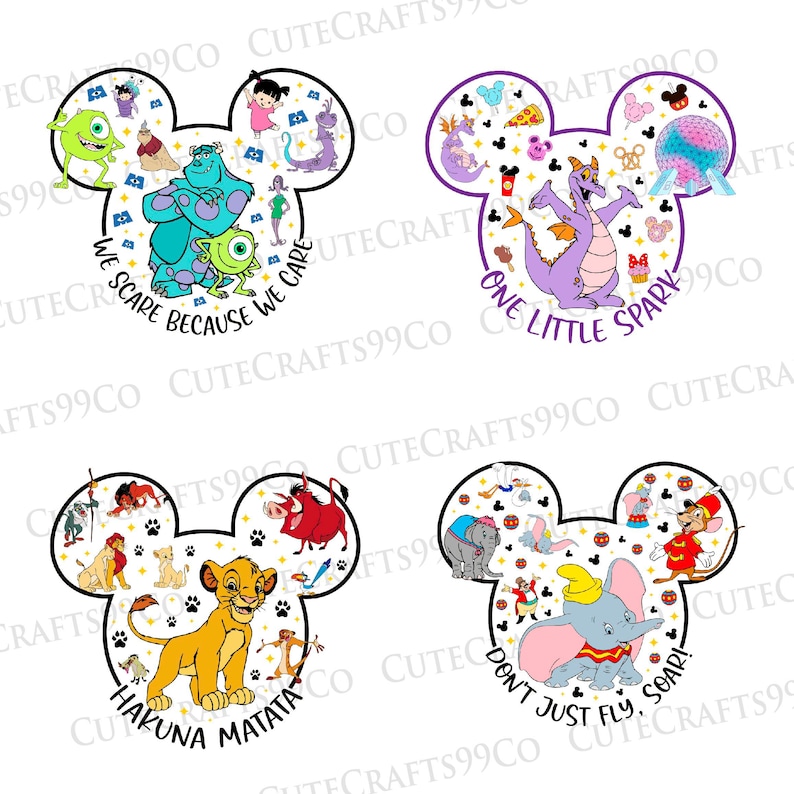 May include: Four Mickey Mouse-shaped designs featuring characters from Disney movies. Each design includes characters and text: "We Scare Because We Care", "One Little Spark", "Hakuna Matata", and "Don't Just Fly, Soar!"