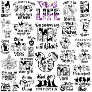 Könnte beinhalten: Eine Sammlung von schwarz-weißen Grafikdesigns mit Disney-Bösewichten. Die Designs enthalten Texte wie "Villains Life", "Bad Girls Have More Fun" und "Witches".