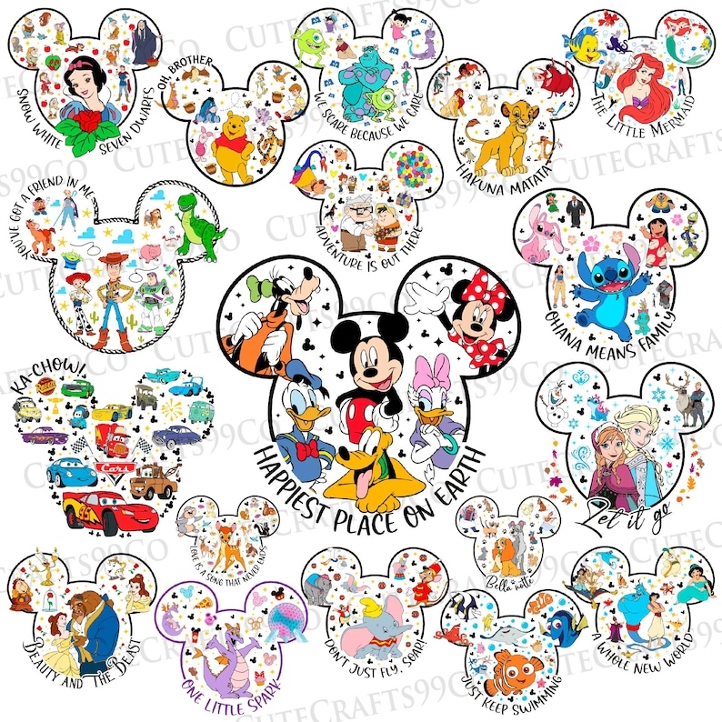 May include: A collection of Mickey Mouse head-shaped designs featuring various Disney characters and quotes. Designs include Snow White, Winnie the Pooh, Monsters Inc., The Little Mermaid, and more. The phrase "Happiest Place on Earth" is also featured.