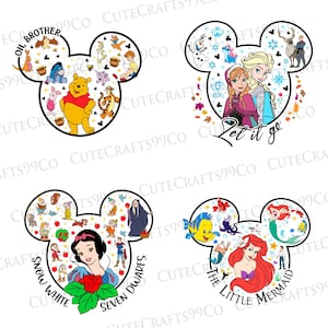 May include: Four Mickey Mouse head-shaped designs featuring Disney characters. One design includes Winnie the Pooh and friends with "Oh, Brother" text. Another features Anna and Elsa with "Let it go" text. Snow White and the Seven Dwarfs are in a third design. The Little Mermaid is in the fourth.