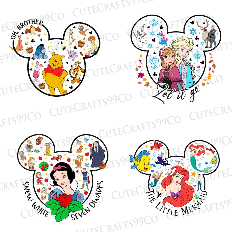 May include: Four Mickey Mouse head-shaped designs featuring Disney characters. One design includes Winnie the Pooh and friends with "Oh, Brother" text. Another features Anna and Elsa with "Let it go" text. Snow White and the Seven Dwarfs are in a third design. The Little Mermaid is in the fourth.