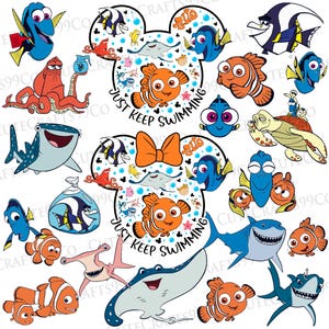 May include: A collection of cartoon sea creatures, including clownfish, blue tangs, and sharks, arranged around two Mickey Mouse head shapes. The phrase "JUST KEEP SWIMMING" is included. The image is colorful and playful.