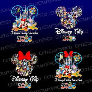 以下が含まれることがあります： ミッキーマウスの耳、ディズニーのキャラクター、テキストをあしらった4つのデザイン。1つのデザインは「Disney Family Vacation 2026」と書かれており、ミッキー、ミニー、ドナルド、デイジー、グーフィー、プルートが描かれています。他のデザインは「Disney Trip 2026」と書かれています。