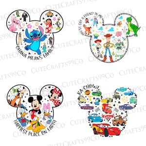 May include: Four Mickey Mouse head-shaped designs filled with cartoon characters. One features Stitch and the phrase "Ohana Means Family." Another showcases characters from Toy Story. A third design includes Mickey and friends, with the text "Happiest Place on Earth." The last design features cars and the phrase "Ka-Chow!"