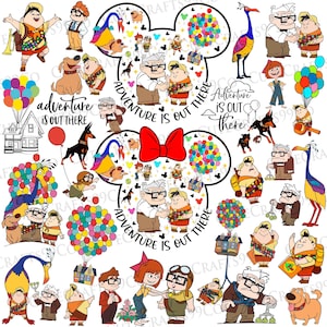 May include: A collage of cartoon characters from the film "Up", including Carl, Ellie, Russell, and Dug. The images are arranged in a Mickey Mouse head shape, with the phrase "Adventure is Out There". Colourful balloons and houses are also featured.