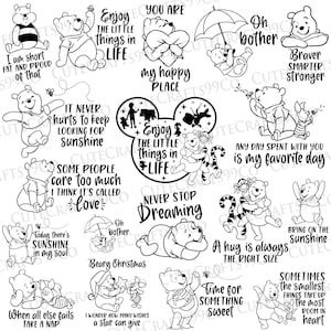 May include: A collection of Winnie the Pooh-themed illustrations in black and white. The images feature Winnie the Pooh in various poses with inspirational quotes like "Enjoy the little things in life" and "Never stop dreaming."