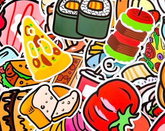 50PCS Cartoon Snack Stickers, Sandwich Aesthetic Stickers, Kawaii Sushi Stickers, Funny Pizza Sticker, Playful Sticker for Lunchbox, Fridge