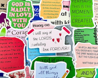 May include: A collection of colorful stickers with inspirational quotes and bible verses. The stickers feature a variety of designs, including hearts, butterflies, and flowers. Some of the quotes include "God is Madly in Love with You", "Hang on", "With God all things are possible", and "Perhaps this is the moment for which you were created".