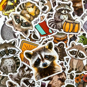 Puede incluir: Una colección de pegatinas de mapaches coloridos con varias poses y expresiones. Las pegatinas presentan una variedad de diseños, incluyendo mapaches tocando música, mapaches con flores y mapaches con una actitud juguetona.
