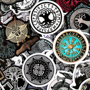 May include: A collection of black and white stickers with various Norse and Celtic symbols, including runes, knots, and trees. The stickers are circular and have a white border.