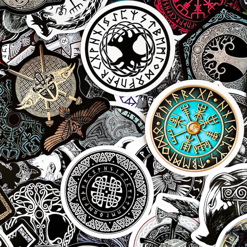 May include: A collection of black and white stickers with various Norse and Celtic symbols, including runes, knots, and trees. The stickers are circular and have a white border.
