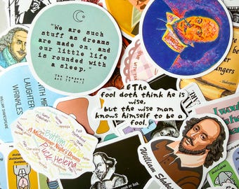 May include: A collection of Shakespeare-themed stickers with quotes and illustrations. The stickers feature quotes like "We are such stuff as dreams are made on" and images of Shakespeare's portrait. Various colors and shapes.