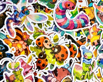 50 Random Bug Stickers, Whimsical Insect Sticker Pack, Skateboard Stickers, Waterproof Decals, Nature-Themed Stickers, Journaling Stickers