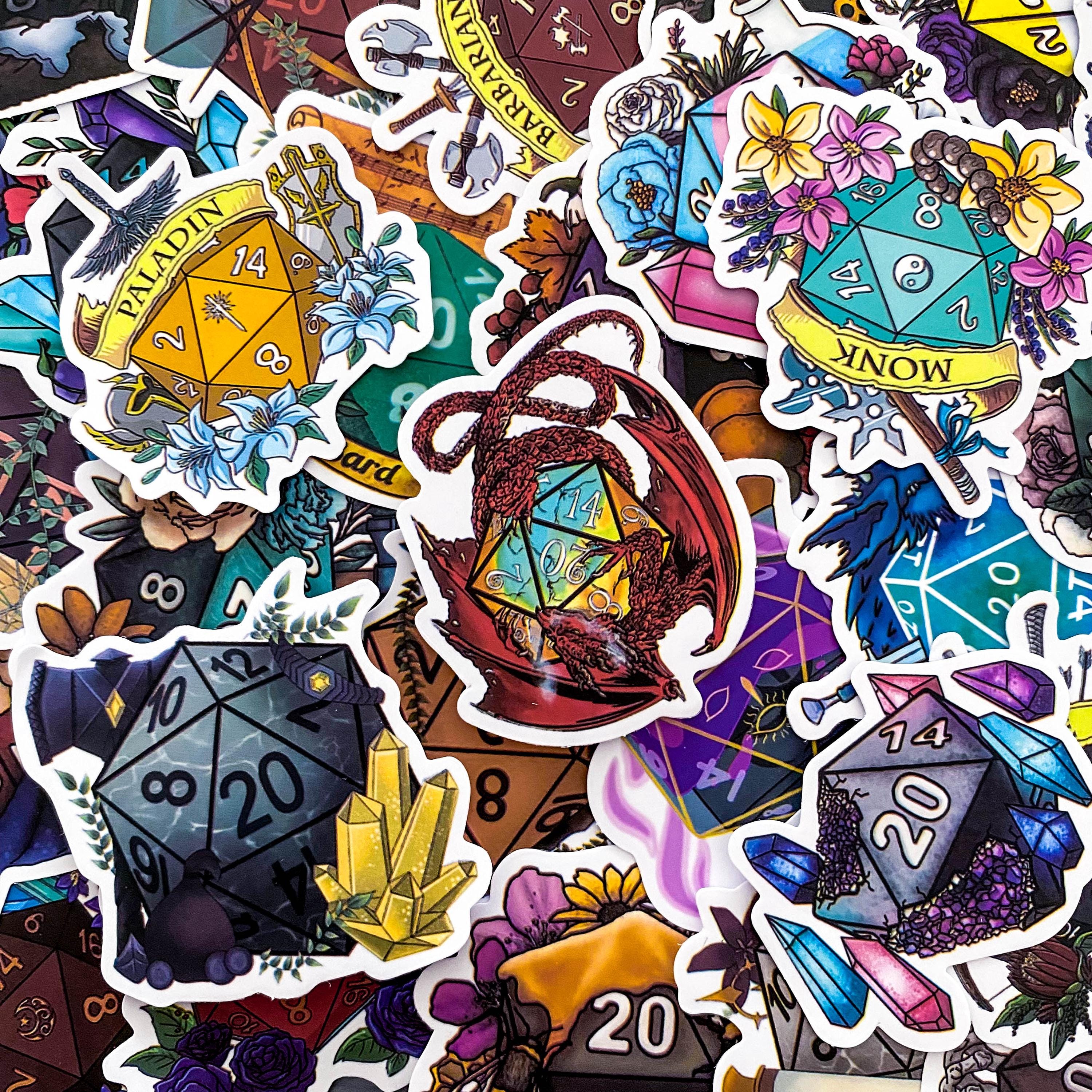 50PCS Magical Dnd Stickers, Floral Dice Stickers, Whimsical Fantasy ...