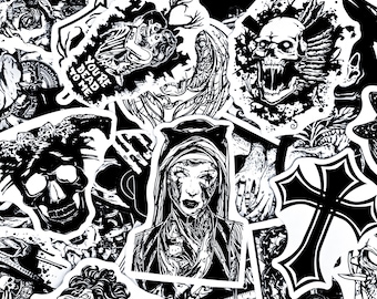 May include: A collection of black and white stickers featuring various designs, including a skull, a cross, a woman with a veil, and a creature with fangs. The stickers have a grunge aesthetic and are perfect for adding a dark and edgy touch to any surface.