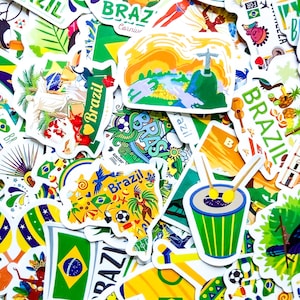 May include: A selection of vibrant Brazil-themed stickers. Designs feature the Brazilian flag, Christ the Redeemer, footballs, and the word "Brazil". The stickers are in various shapes and sizes, suitable for decorating.