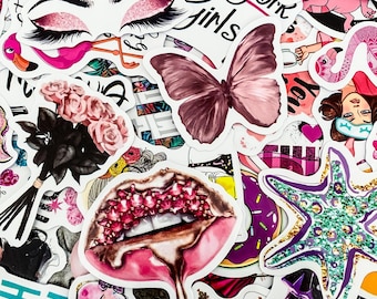 50 Random Pink Aesthetic Stickers, Feminine Beauty Stickers, Retro Glam Stickers, Waterproof Stickers, Stickers for Journal and Scrapbook