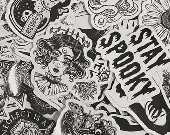 50 Random Gothic Stickers Pack, Black and White Stickers, Waterproof Aesthetic Sticker Set for Bottle Books Laptop, Goth Stickers for Girl