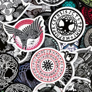 May include: A collection of black and white stickers with various designs, including a tree, a bird, and a circle with runes. The stickers are on a white background.