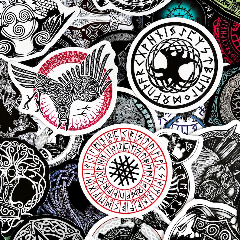 May include: A collection of black and white stickers with various designs, including a tree, a bird, and a circle with runes. The stickers are on a white background.