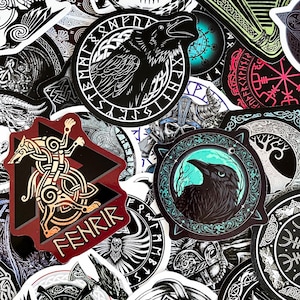May include: A collection of colorful stickers featuring Norse mythology symbols and creatures. The stickers are round, square, and triangular, with intricate designs and black, white, red, blue, and green colors. The stickers feature images of ravens, wolves, and other mythical creatures, as well as runes and other symbols.
