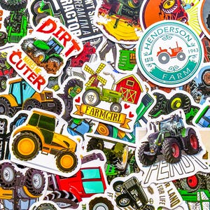 May include: A selection of vibrant tractor-themed stickers. The stickers showcase diverse tractor illustrations in yellow, green, and red. Some stickers include text such as "Dirt Makes Me Cuter" and "Farmgirl".