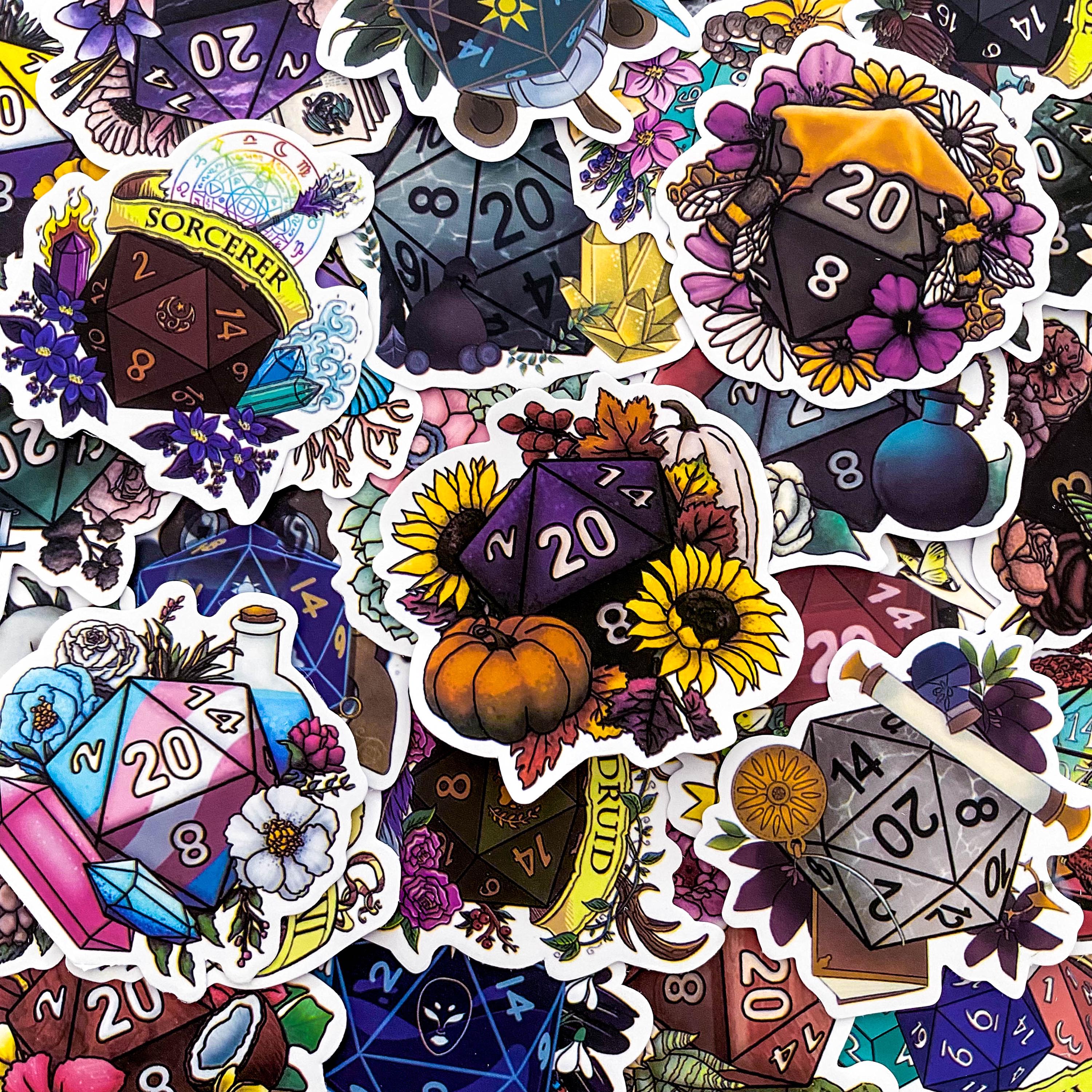 50PCS Magical Dnd Stickers, Floral Dice Stickers, Whimsical Fantasy ...