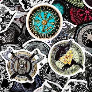May include: A collection of colorful stickers featuring Viking symbols, runes, and imagery. The stickers are circular and feature a variety of designs, including a compass, a raven, and a shield with axes.