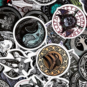 May include: A collection of round stickers with various black and white designs, including a yin yang symbol, a viking ship, and a tree of life. The stickers are on a white background.