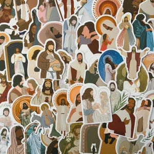 May include: A collection of stickers featuring illustrations of Jesus Christ and other religious figures. The stickers vary in size and depict Jesus in various poses, with different color palettes and artistic styles. The background is white.