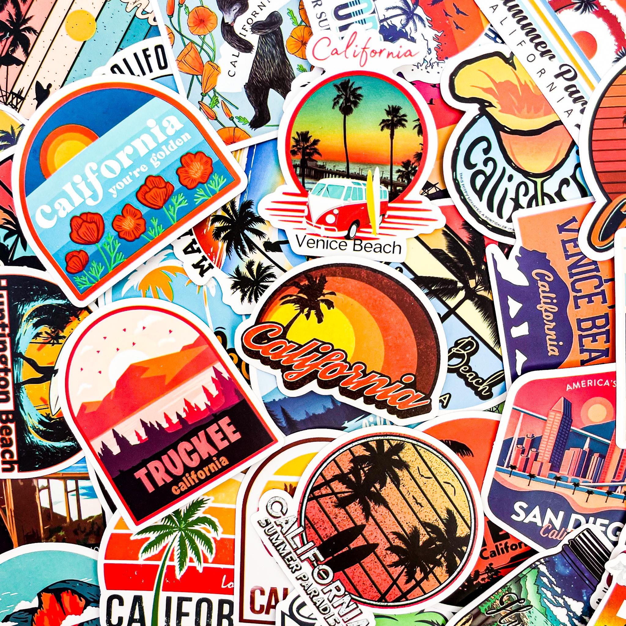 Stickers celebrating California's diverse attractions.