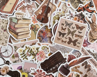 50 Random Vintage Stickers, Aesthetic Floral Designs, Retro Stickers, Bookish Stickers, Waterproof Stickers for Journal, Scrapbook