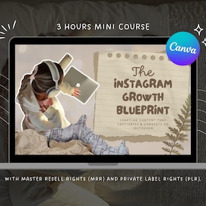 Könnte beinhalten: Ein Laptop zeigt einen Kurs mit dem Titel "The Instagram Growth Blueprint" mit dem Canva-Logo. Das Bild enthält den Text: "Crafting content that captivates & converts on Instagram." Der Laptop befindet sich auf einer dunklen Oberfläche.