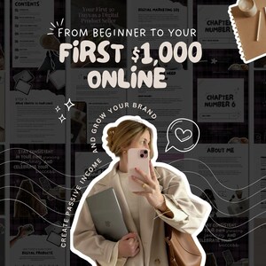 May include: A digital product guide titled FROM BEGINNER TO YOUR FIRST $1,000 ONLINE AND GROW YOUR BRAND CREATE PASSIVE INCOME. The layout features multiple page previews with text, coffee cups, and notebooks, overlaid with a central cutout of a person holding a smartphone and a laptop.