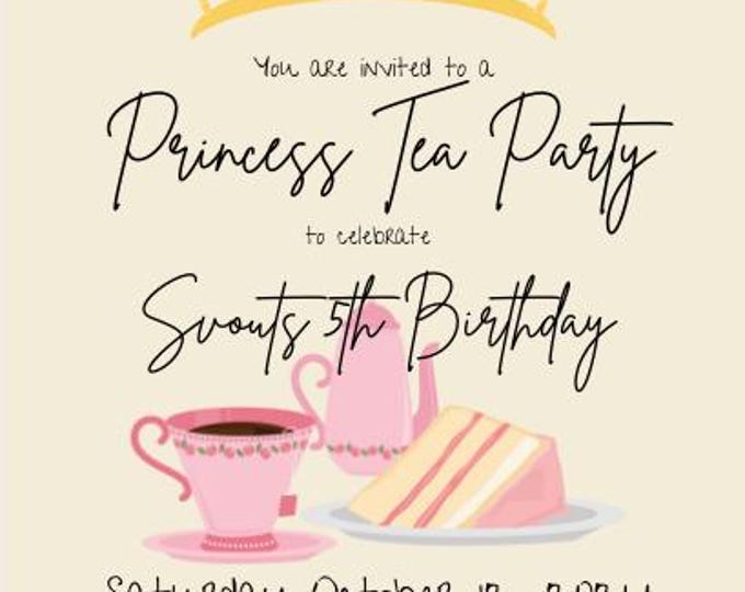 Princess Tea Party Birthday, Invite, Invitations, Girls Birthday Party