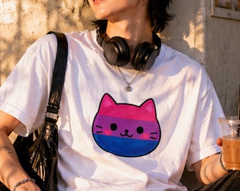 Cute Bisexual Cat Shirt, Bi Pride Tee, Soft LGBTQ Cat Gift, Cozy Queer Style