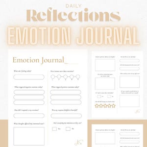 Może przedstawiać: Beżowy i biały dziennik emocji z napisem "DAILY Reflections EMOTION JOURNAL" na górze. Dziennik zawiera wskazówki do codziennej refleksji, takie jak "Co czuję dzisiaj?" i "Jak zareagowałem na moje emocje?"
