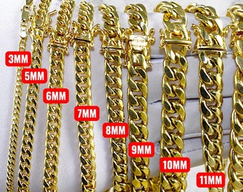 14K Gold Miami Cuban Chain Necklace Bracelet Real Gold Round Link Necklace 2MM-13MM 7"-30" Yellow Gold Men Women