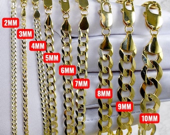 10K Gold SOLID Curb Cuban Chain Necklace Bracelet Real Gold Diamond Cut Round Link Necklace 2MM-10MM 7"-30" Yellow Gold Men Women
