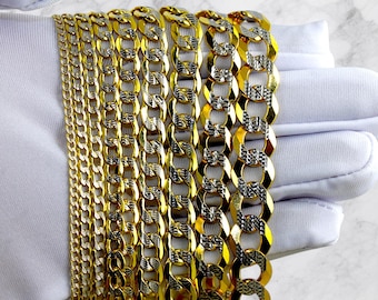 10K Gold Pave Curb Cuban Chain Necklace Bracelet Real Gold Diamond Cut Round Link 3MM-9MM 7"-30" Yellow Gold Men Women