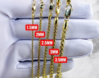 10K Gold Venetian Box Chain Necklace Bracelet Real Gold 1MM-3MM 7"-30" Yellow Gold Men Women