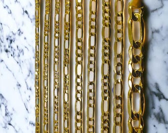 10k Gold Figaro Chain Necklace Bracelet Real Gold Diamond Cut Necklace 2MM-8MM 7&quot;-30&quot; Yellow Gold Men Women 3+1 Link