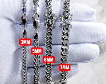 10K White Gold Miami Curb Cuban Chain Necklace Bracelet Real Gold Round Link Necklace 3MM-6MM 7"-30" White Gold Men Women